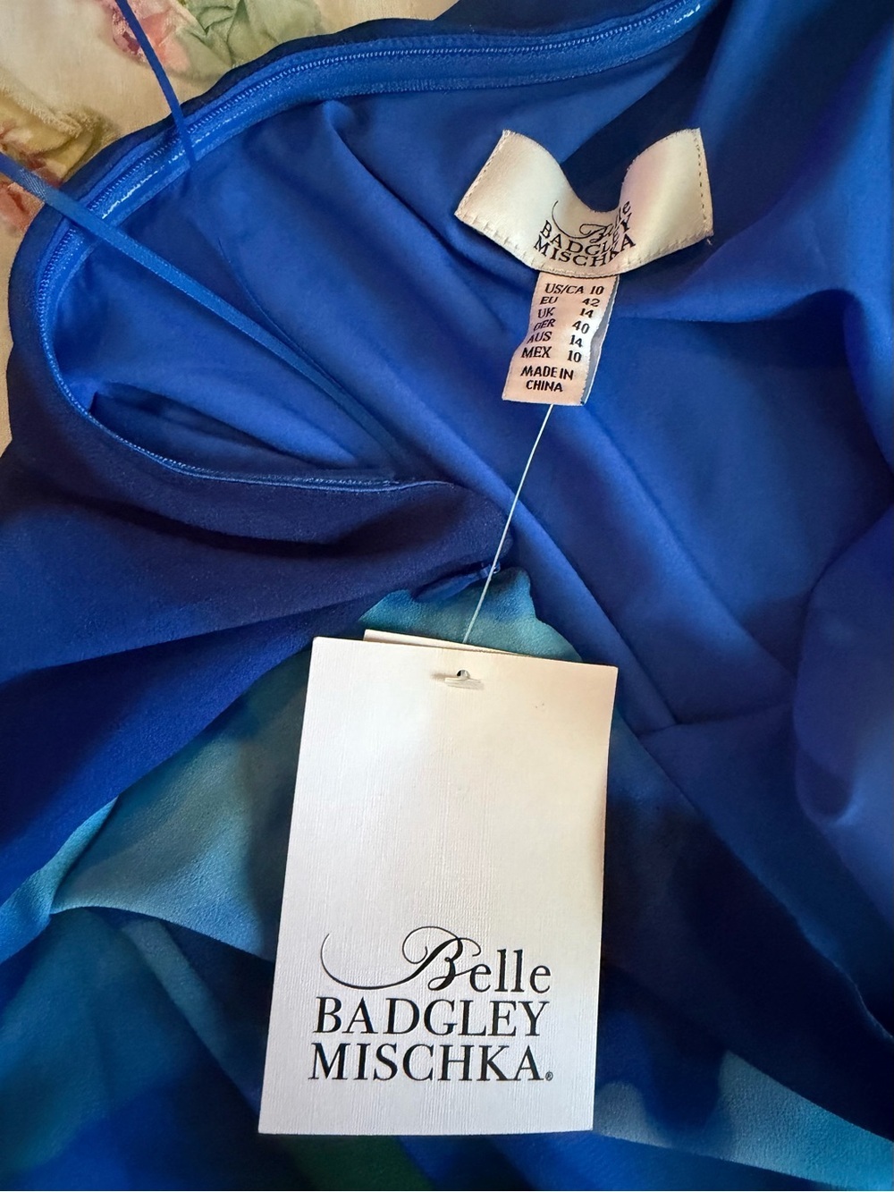 Badgley Mischka Royal Blue One-Shoulder wedding guest cocktail Floral Dress - Picture 3 of 7